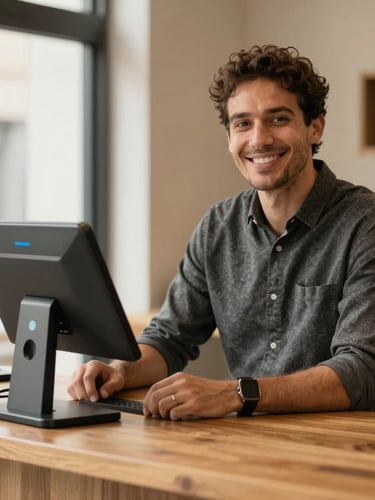 Warm editorial portrait of a local merchant smiling next to a modern smart terminal on a wooden counter, soft natural daylight, authentic atmosphere