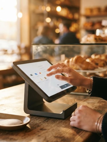 Close up of hands operating a modern smart POS terminal screen in a warm-lit local bakery, golden hour light, shallow depth of field