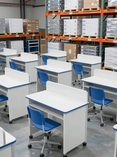 Wide environmental shot of a modern, organized logistics distribution warehouse with high-quality school furniture and boxed electronics stacked neatly, bright professional lighting, 35mm