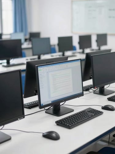 Wide environmental shot of a modern vocational school computer laboratory with high-quality computer monitors and structured desks, bright natural daylight, clean corporate photography, sharp focus, 35mm