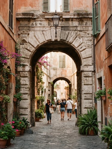 Soft natural daylight on a classic Roman stone archway, warm terracotta walls, cinematic 35mm composition