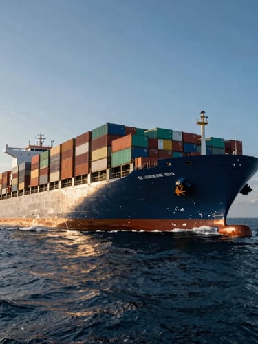 Low-angle powerful perspective of a massive container ship loaded with colorful cargo boxes cutting through deep ocean water, crisp industrial sunlight reflecting off the sea.