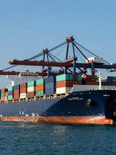 Wide-angle environmental shot of a massive container ship loading at a deep-water port, crisp industrial sunlight, deep navy and crisp teal tones, editorial industrial photography.