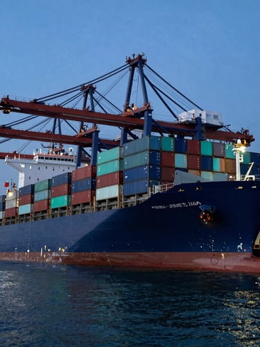 Wide-angle editorial industrial photography of a massive container ship docked at a deep-water port, dramatic blue-hour lighting, deep navy and sharp teal tones, cargo cranes in background.