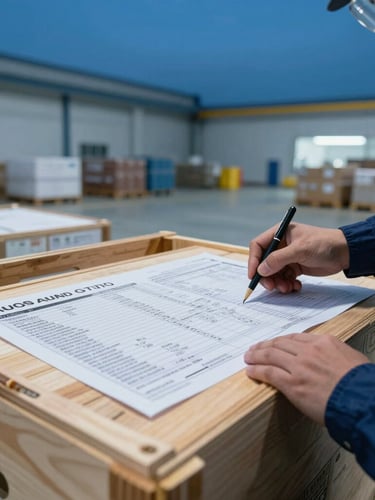 Macro close-up of an inspector examining cargo labels and technical specifications on a wooden crate inside a bright, clean shipping warehouse.