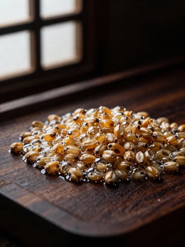 Macro shot of bubbling golden koji grains on a dark cedar tray, moody directional side-lighting, rich textures, high contrast, 35mm film grain