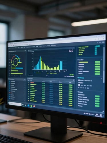 Moody editorial photography, close-up of a real data dashboard on a monitor in a London loft office, cool blue tones with sharp neon-lime highlights, 35mm