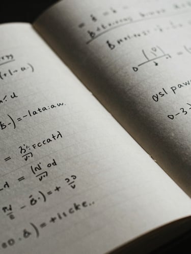Macro shot of physical notebooks with handwritten formulas and unit economics models, moody high-contrast lighting, 35mm