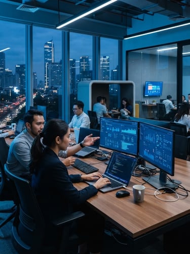 Sleek corporate tech photography, cool blue ambient lighting, professional modern office environment in Jakarta, sharp focus, 35mm