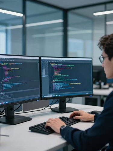 Professional software developers analyzing clean code on dual monitors in a sleek glass-walled office, cool blue ambient lighting, sharp focus, 35mm