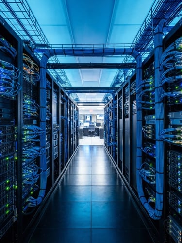 Sleek modern server room with clean blue cable management, glowing status lights, cool-toned studio lighting, sharp focus, 35mm