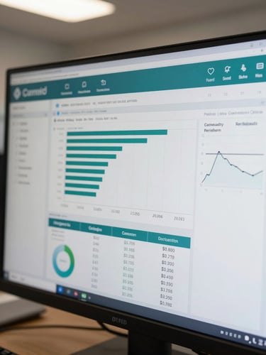 Close-up of a marketing performance dashboard on a wide monitor, teal and white charts showing campaign ROI metrics and spend breakdown, natural office fluorescent light, no reflections, tight crop on the screen surface