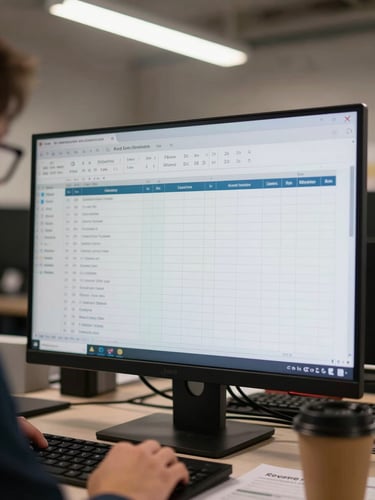 Close-up of a marketing team member reviewing a spreadsheet on a monitor, fluorescent office light overhead, coffee cup and printed revenue report visible on desk edge, tight environmental framing, no posing