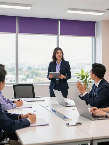 Bright modern corporate workshop in Kota Kinabalu, professional facilitators leading active boardroom discussion, natural window light, purple accents, 35mm