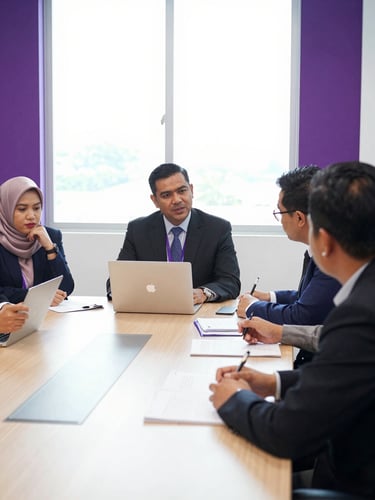 Medium-wide environmental shot of a professional corporate workshop in Kota Kinabalu, participants collaborating around a boardroom table, bright natural window light, purple accents, sharp focus, 35mm