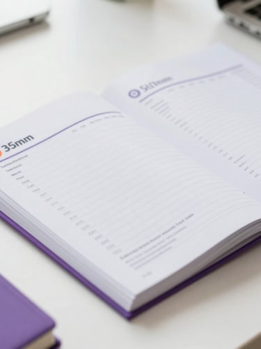 Close-up of professional training materials and structured notebooks on a clean desk, bright natural office lighting, purple accents, 35mm
