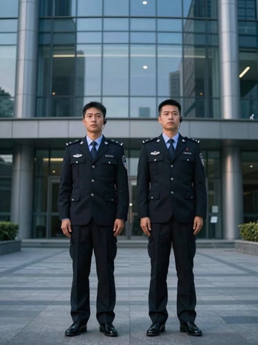 Symmetrical wide shot of a professional security agent in a tailored dark suit with a subtle earpiece, standing in front of a modern glass corporate facade at dusk, cool low-key cinematic lighting with silver highlights.