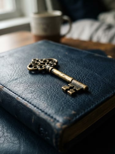 A close-up of a vintage brass key resting on a leather-bound journal, soft directional window light, deep navy and gold tones, shallow depth of field, 35mm