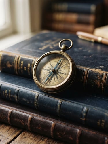 Close-up of a vintage brass compass resting on a stack of leather-bound ledgers, soft directional window light, deep navy and gold tones, shallow depth of field.