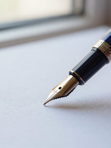 Close-up of a vintage fountain pen writing on heavy, textured paper under soft window light, deep navy and gold tones, shallow depth of field, 35mm