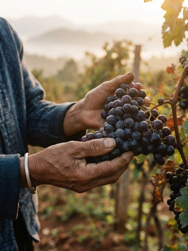 Close-up of weathered hands gently holding a cluster of dark grapes in the golden-hour sunlight of a Shan State vineyard, warm editorial photography, 35mm film.