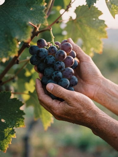 Close-up of weathered hands gently holding a dark cluster of grapes, soft golden hour sunlight filtering through green leaves, 35mm film style