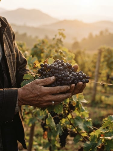 Warm editorial photography of a sun-drenched vineyard on the Shan plateau during golden hour, weathered hands gently holding a cluster of dark grapes, 35mm film style