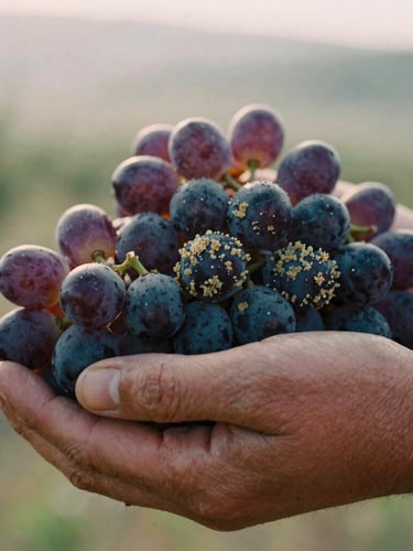Close-up of weathered hands gently holding dark purple grapes covered in natural yeast bloom, warm morning light, shallow depth of field, 35mm film