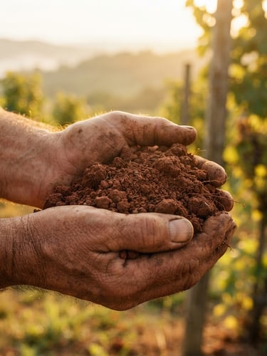Close-up of weathered hands holding rich, crumbly red clay soil in a sun-drenched vineyard, warm golden hour light, shallow depth of field, 35mm film.