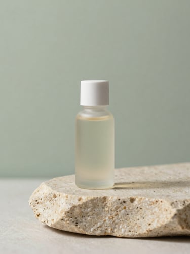 Minimalist apothecary bottles on a natural stone plinth, soft morning light, muted sage background, elegant and clean