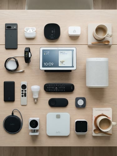 Overhead flat-lay of modern home appliances and smart tech gadgets on a clean white oak table, bright natural overcast daylight, crisp details
