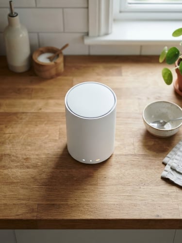 Overhead flat-lay of a sleek white smart home hub on a wooden kitchen counter, natural overcast daylight, crisp details, neutral domestic background