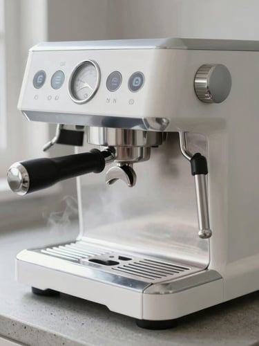 Close-up of a modern espresso machine on a concrete kitchen worktop, steam rising gently, natural soft side lighting, crisp details
