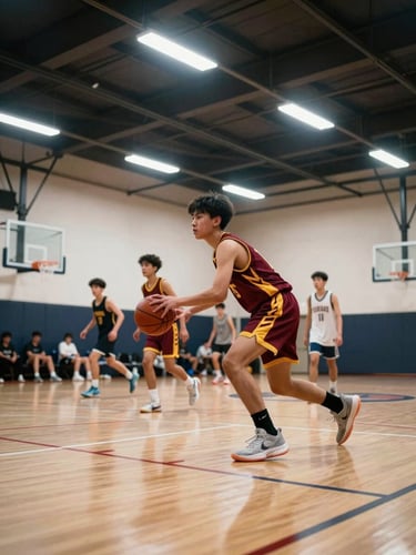 Wide gym interior shot from the sideline, a youth player in maroon and gold uniform mid-drive toward the basket under bright overhead gym fluorescents, teammates in motion blur behind, natural court atmosphere, authentic rec league energy