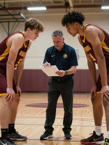 Medium shot inside a gymnasium, a coach in a Warriors polo drawing up a play on a clipboard while two teenage players in maroon and gold uniforms lean in attentively, overhead gym lighting, hardwood court visible underfoot