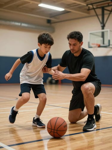 Close environmental shot inside a youth gym, a coach kneeling beside a young player demonstrating a dribbling grip, both focused on the ball, overhead fluorescent light casting warm gym glow on hardwood floor, authentic instructional moment, no posed smiling