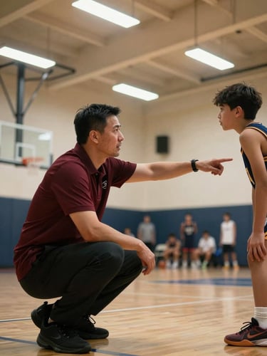 Close medium shot from the side, an adult coach in a maroon polo crouching at eye level with a young player on the hardwood court, pointing toward the far basket, gym fluorescent light overhead, warm authentic gym atmosphere, no posed smiling