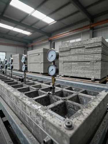 Tight wide-angle view of a concrete casting production line, overcast daylight from factory skylights, calibration gauges and mold frames in the foreground, stacked finished panels visible in the background right, no people posing