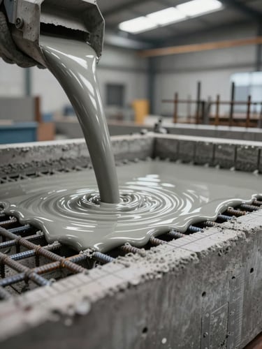 Tight close-up of a concrete casting form mid-pour, liquid concrete surface catching diffuse daylight from factory skylights above, steel rebar grid visible just below the surface, calibration marks on formwork edge in focus, industrial grey tones, no people, no studio lighting