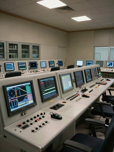 Interior of a power plant control room, analog and digital instrumentation panels active, ambient control-room lighting, angled wide shot showing the full panel array, no personnel