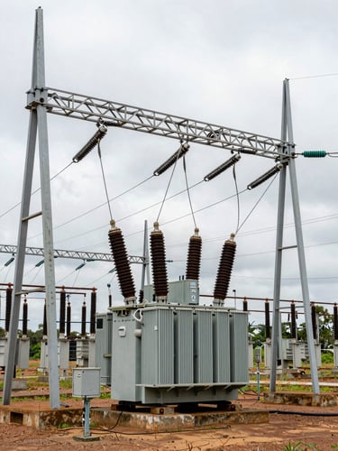 Utility substation in Central Africa, high-voltage transformers and overhead lines in daylight, wide environmental framing showing grid infrastructure scale, overcast sky, no people
