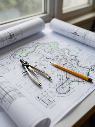 Close-up of engineering blueprints and topographic maps spread on a site table, a compass and pencil resting on the sheets, overcast daylight from a nearby window, documentary framing