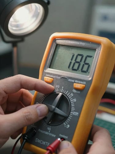 Extreme close-up of a digital multimeter display showing a live reading, technician's fingers adjusting the dial, clean shadowless work light, component wiring visible in soft background blur