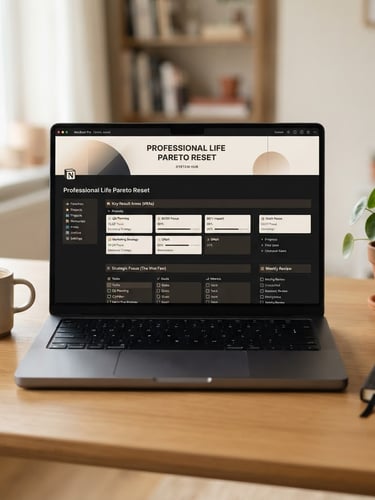 Clean, high-fidelity Notion workspace mockup on a minimalist desk, displaying the Professional Life Pareto Reset system, soft natural daylight, warm beige and charcoal tones, sharp focus.