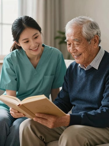 A warm tidy living room with soft window light, a caregiver and an elderly man smiling together over a book, authentic editorial photography, shallow depth of field