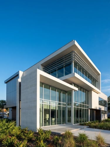 Wide-angle architectural shot of a modern, clean-lined concrete and glass commercial building in St. Augustine, Florida. Bright morning daylight, sharp focus, minimal composition with generous negative sky space.