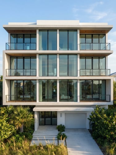 Straight-on architectural elevation of a modern, clean concrete and glass building facade in coastal Florida, bright crisp morning light, sharp focus, 35mm lens