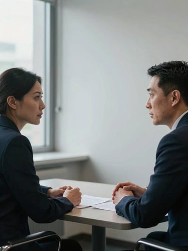 Close portrait-framing of two professionals seated across a narrow table in serious conversation, soft north-facing window light from the left, hands resting on documents between them, minimal background of pale office wall, no smiles, focused and deliberate mood