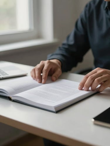 Close view of a single person seated at a minimal desk, hands resting on an open document, soft north-facing window light from the left, shallow depth of field, quiet focus