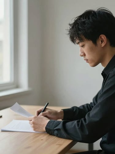 Close side view of a single person in quiet concentration at a minimal desk, hands resting on a document, soft north-facing window light from the left, out-of-focus pale wall behind, no other people present